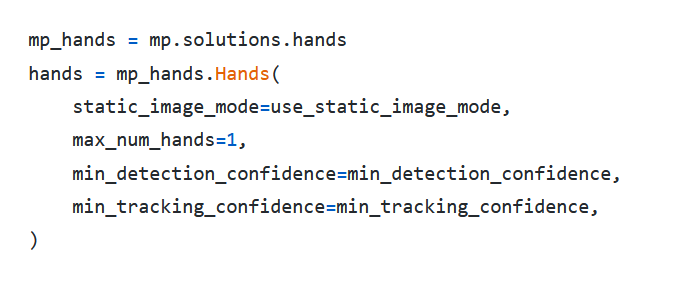The following code snippet defines the parameters to be set in the hands mediapipe model